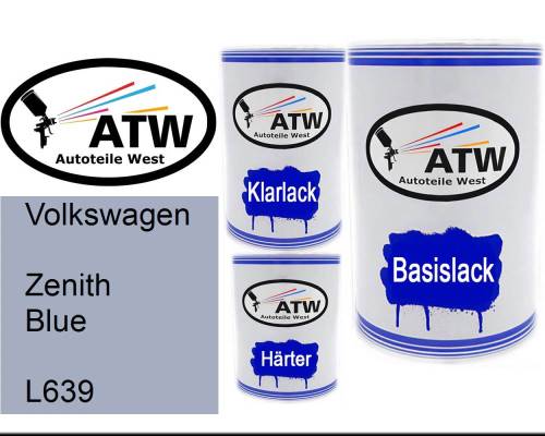 Volkswagen, Zenith Blue, L639: 500ml Lackdose + 500ml Klarlack + 250ml Härter - Set, von ATW Autoteile West.